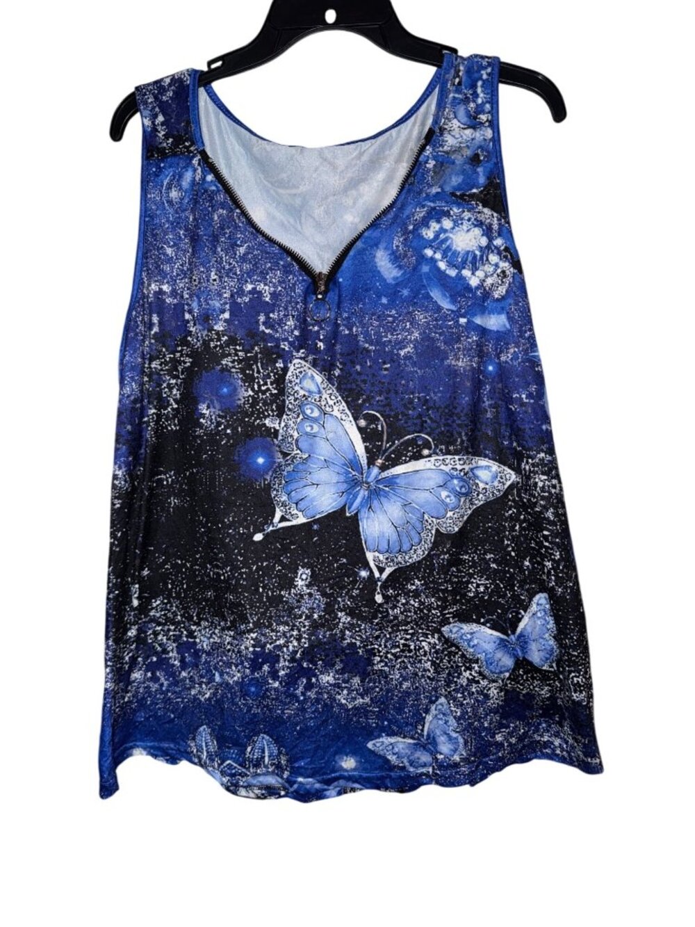 Blue Sleeveless Butterfly Print Tank Top With Zipper Accent 5XL